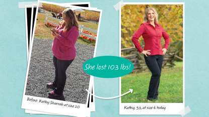 Before and after photos of Kathy Sharrah who lost 103 lbs on 80/20 diet plan