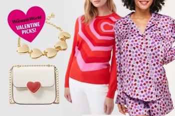 A bracelet, purse, sweater, and pajama set from various brands with text that reads 'Woman's World Valentine's Day picks!'