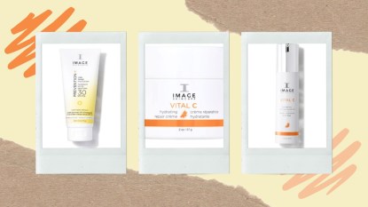 IMAGE Skincare products that are on sale during the Big Spring Sale at Amazon arranged on a yellow background with orange accents.