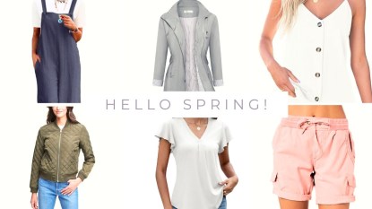 Various transitional clothing items for Spring that are discounted during Amazon's Big Spring Sale with text that reads 'Hello Spring!'