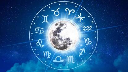 Zodiac signs inside of horoscope circle. Astrology in the sky with many stars and moons astrology and horoscopes concept