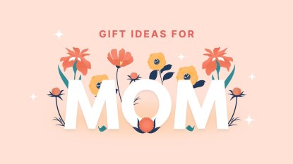 'Gift ideas for Mom' text arranged on a pink background with flowers.