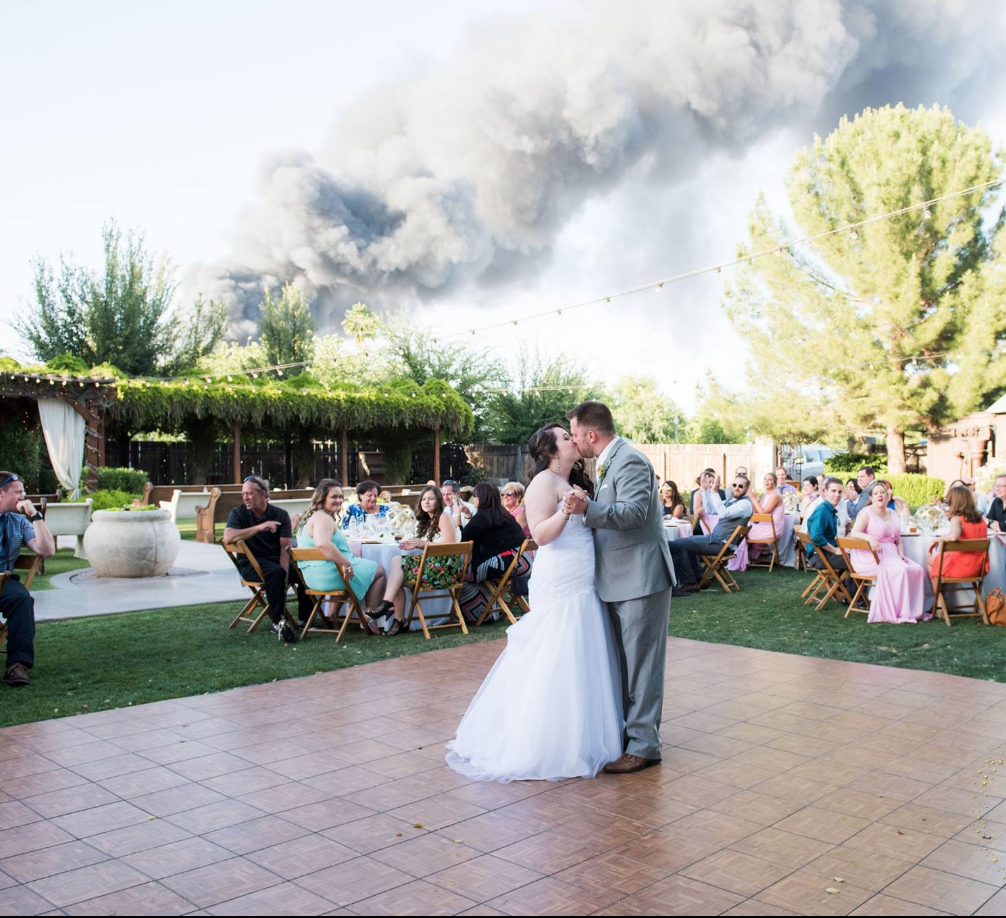 Fire behind wedding photo