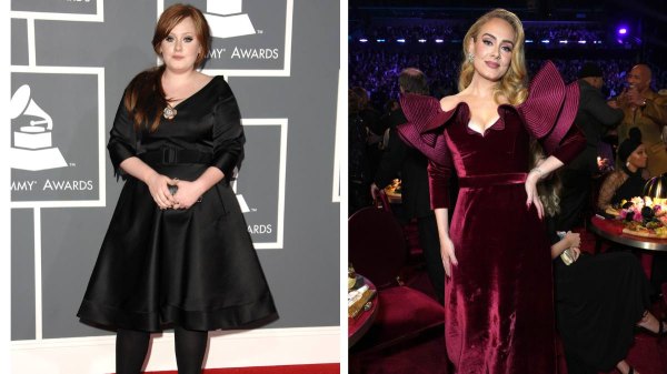 Adele in 2010 and 2024, after her weight loss transformation