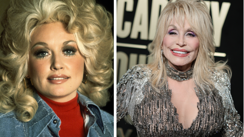 Dolly Parton pictured in 1977 and 2023
