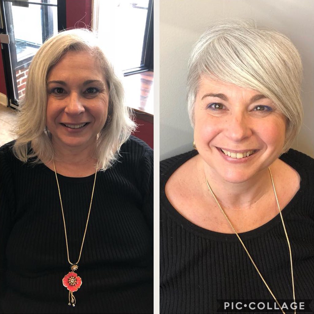 Mature woman with mid-length hair before and then asymmetrical pixie after.