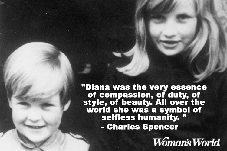 young Charles Spencer next to young Princess Diana with quote on top