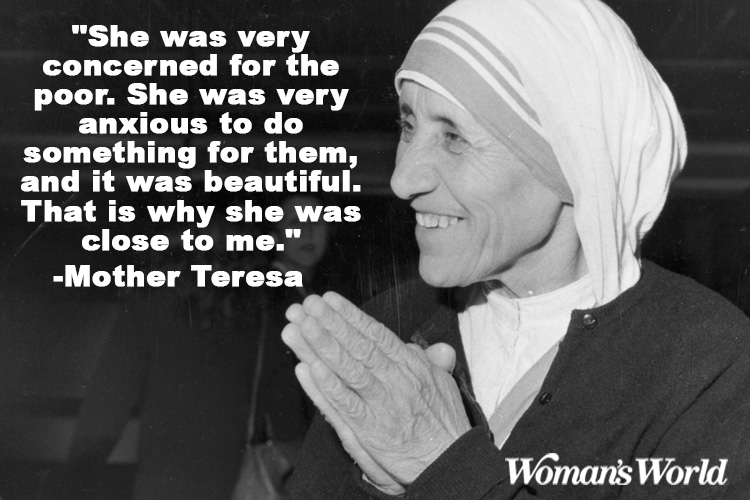 Mother Teresa smiling with a Princess Diana quote to her left