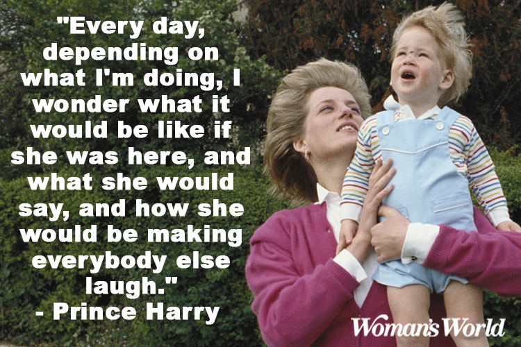 Princess Diana holding a young Prince Harry with a quote from him on the left