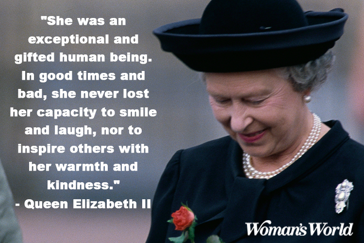 Queen Elizabeth wearing all black with a quote laid on top of photo