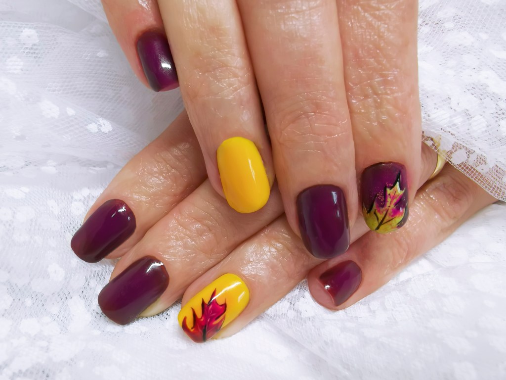 Yellow and Burgundy nails