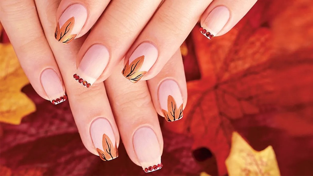 Thanksgiving nails with leaves and rhinestones