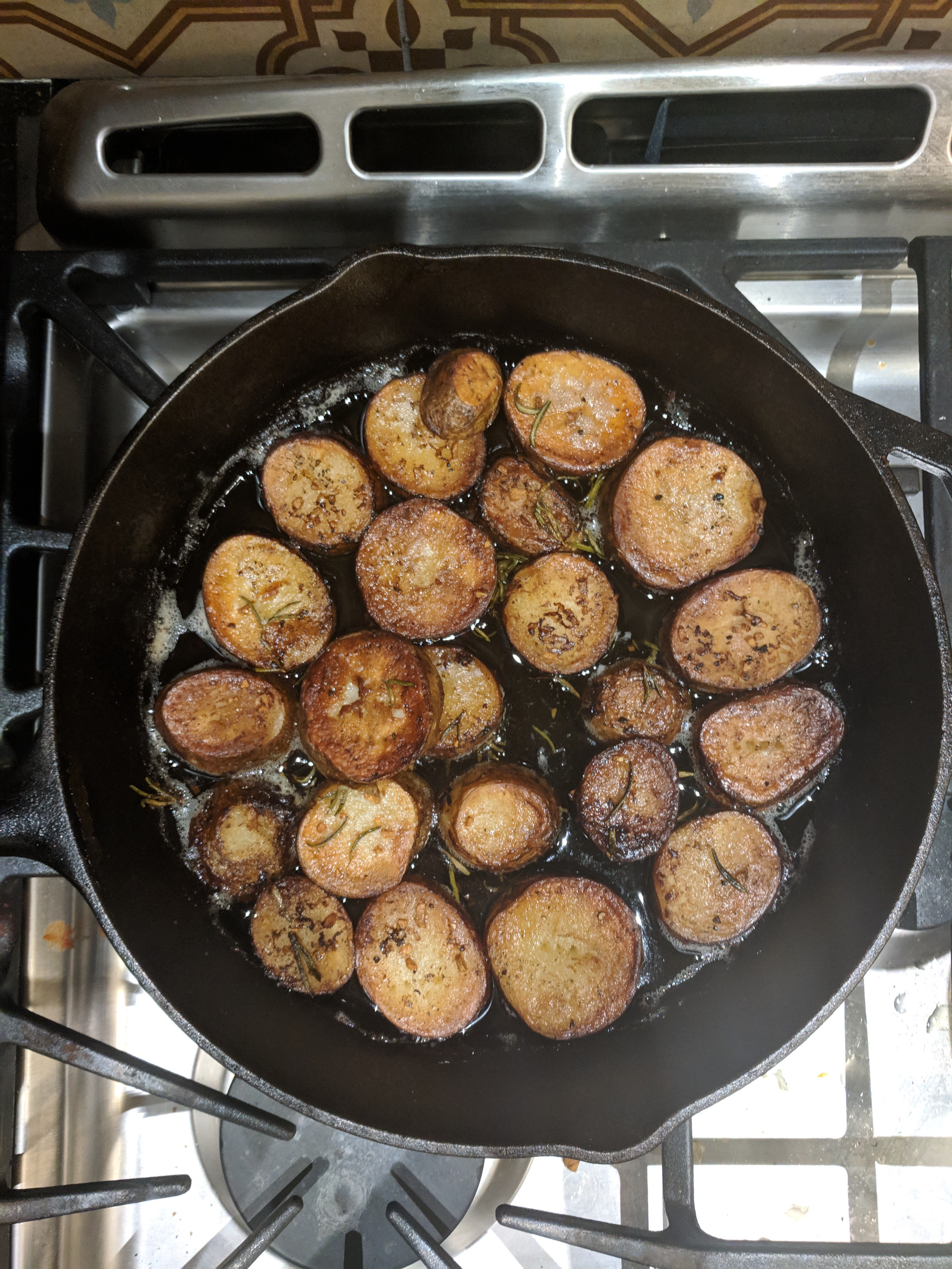 Photo of melting potatoes from above.