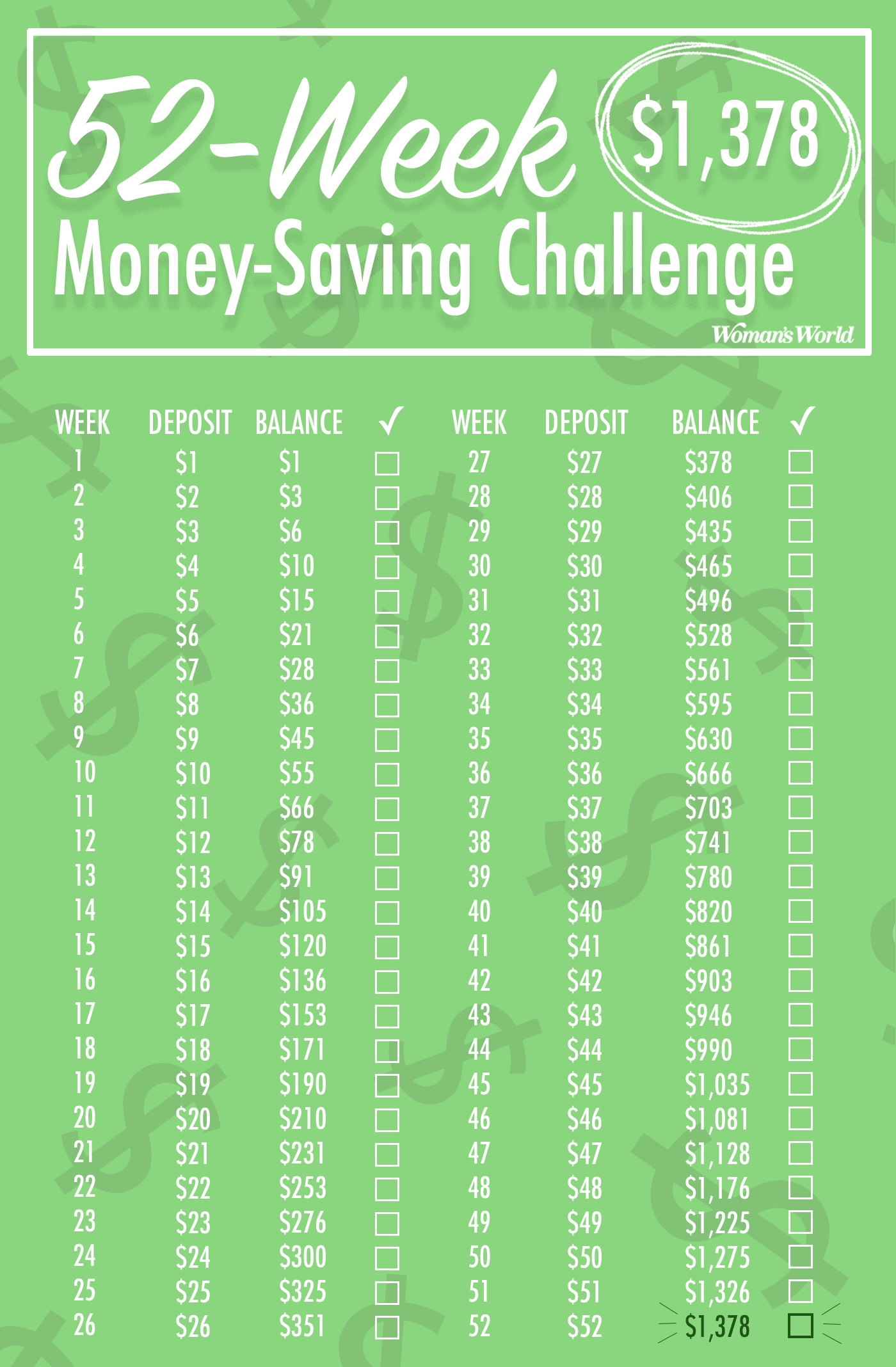 52-Week Money-Saving Challenge: $1,378