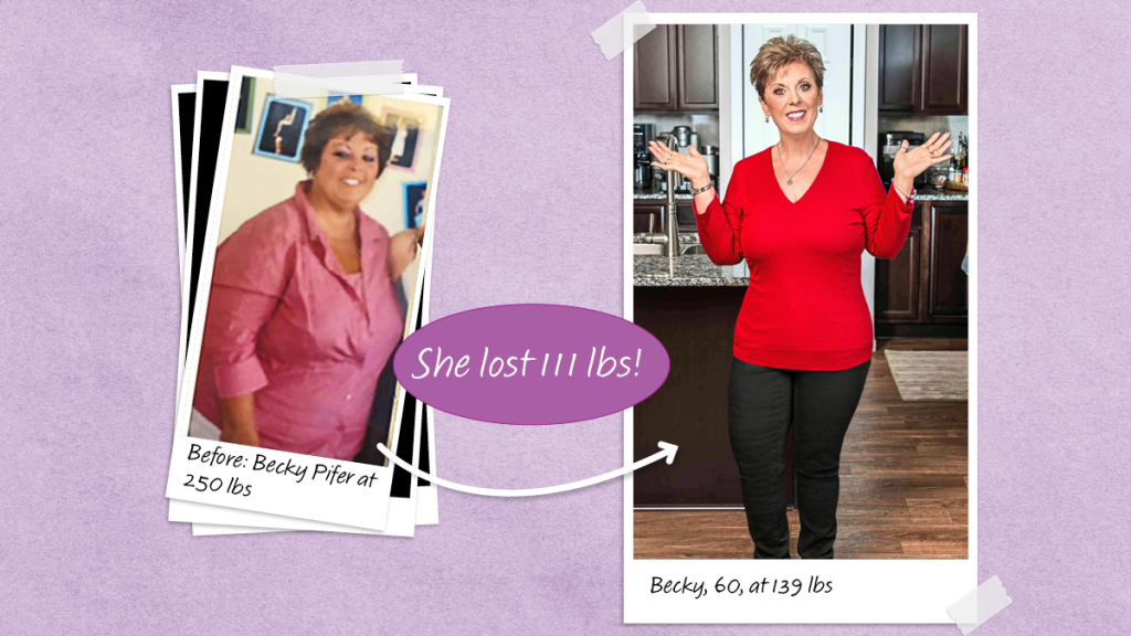 Before and after photos of Becky Pifer who lost 111 lbs using tricks to lose weight faster on Weight Watchers