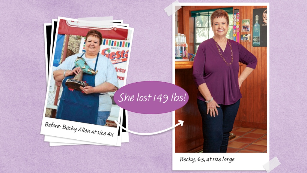 Before and after photos of Becky Allen who lost 149 lbs using trick to lose weight fast on Weight Watchers