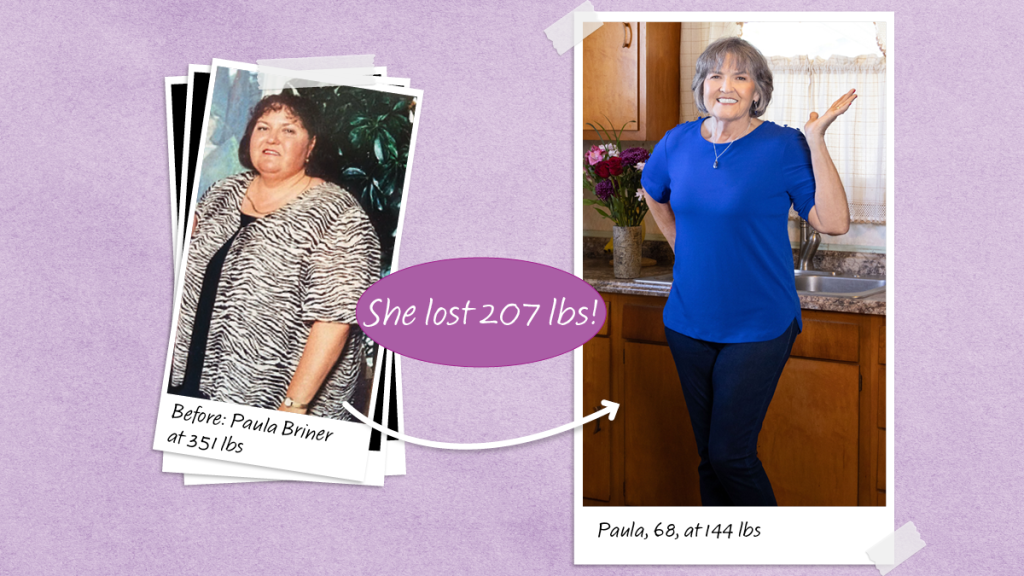 Before and after photos of Paula Briner who lost 207 lbs using tricks to lose weight faster on Weight Watchers