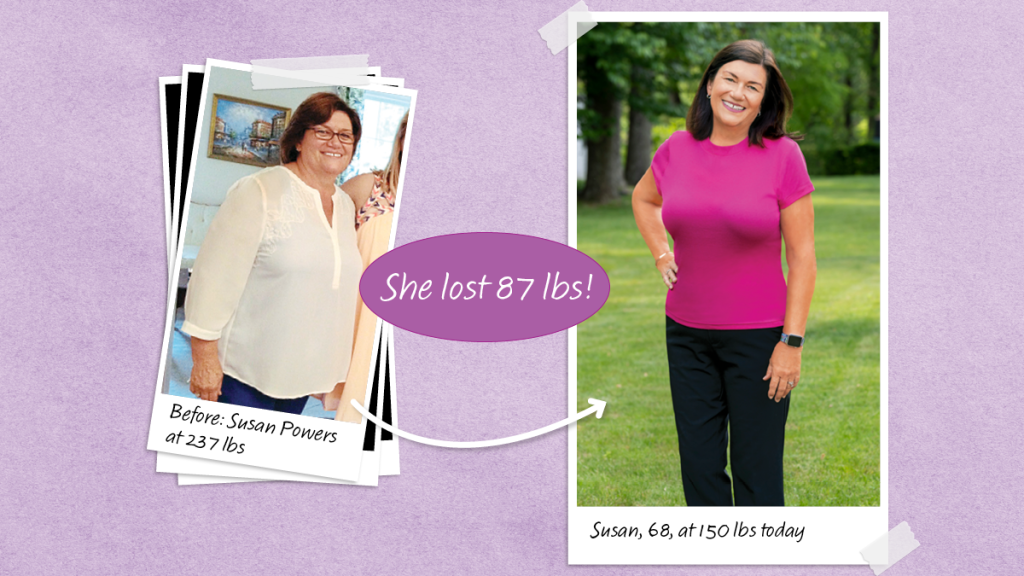 Before and after photos of Susan Powers who lost 87 lbs using trick to lose weight fast on Weight Watchers