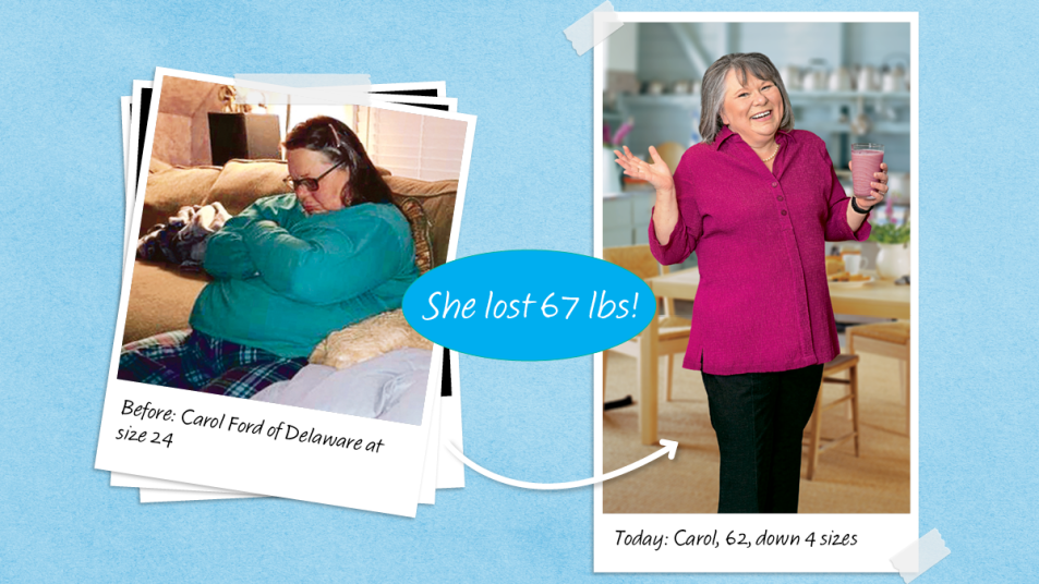 Before and after images of Carol Ford who lost 67 lbs with the help of the adrenal reset diet