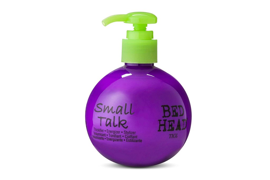purple bottle of hair thickening spray with a lime green top