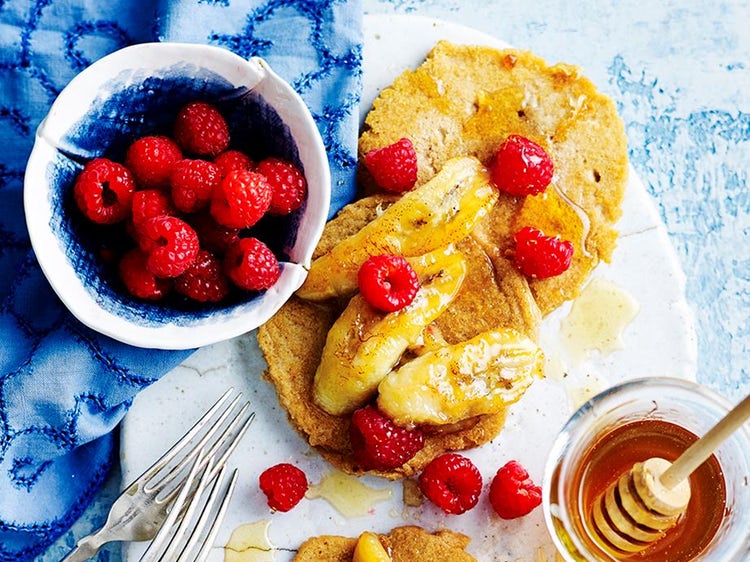 Pancakes With Honey Banana And Raspberry