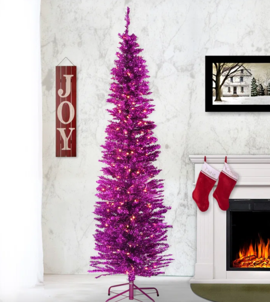 Holiday Aisle Pink Tinsel Tree with Clear Lights
