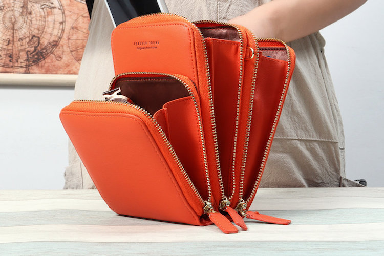 orange accordian phone crossbody fanned out