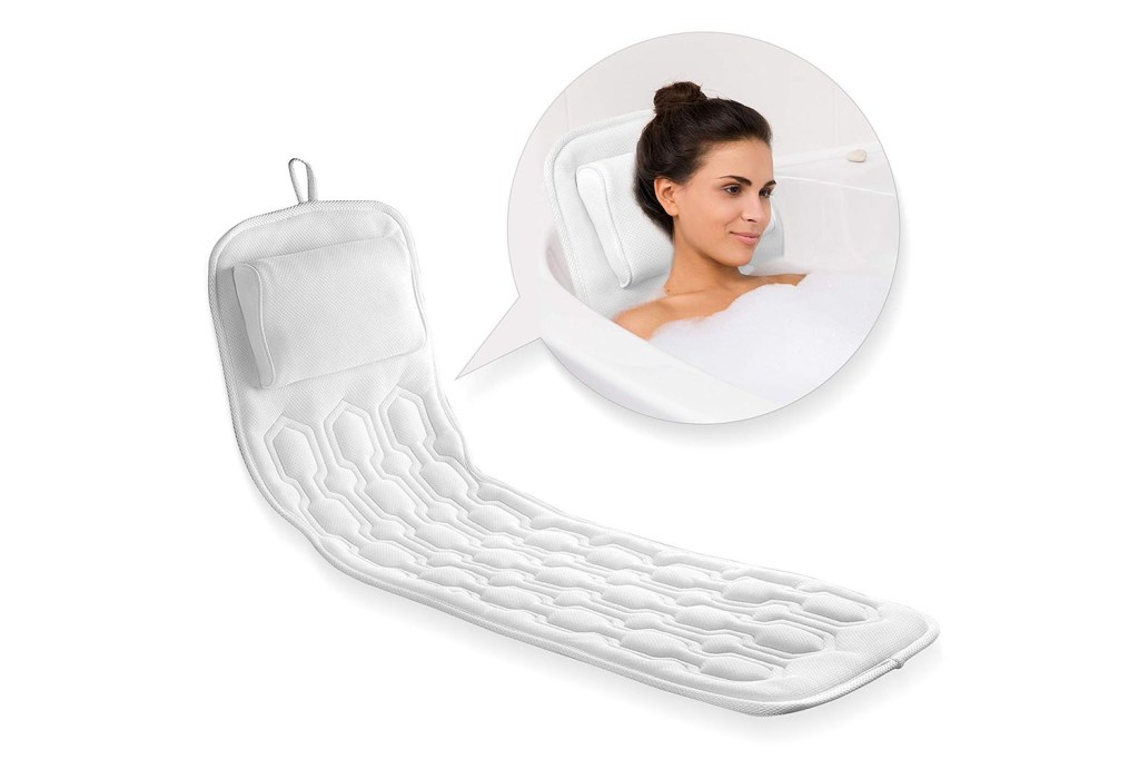 a full body bath pillow with an inset of a woman with a topknot