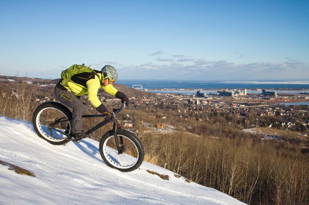 Man fatbiking in Duluth, Minnesota