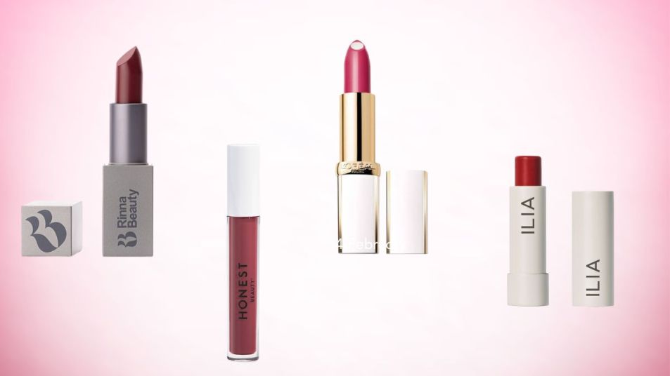 Collage of best lipsticks for older women on pink gradient background.