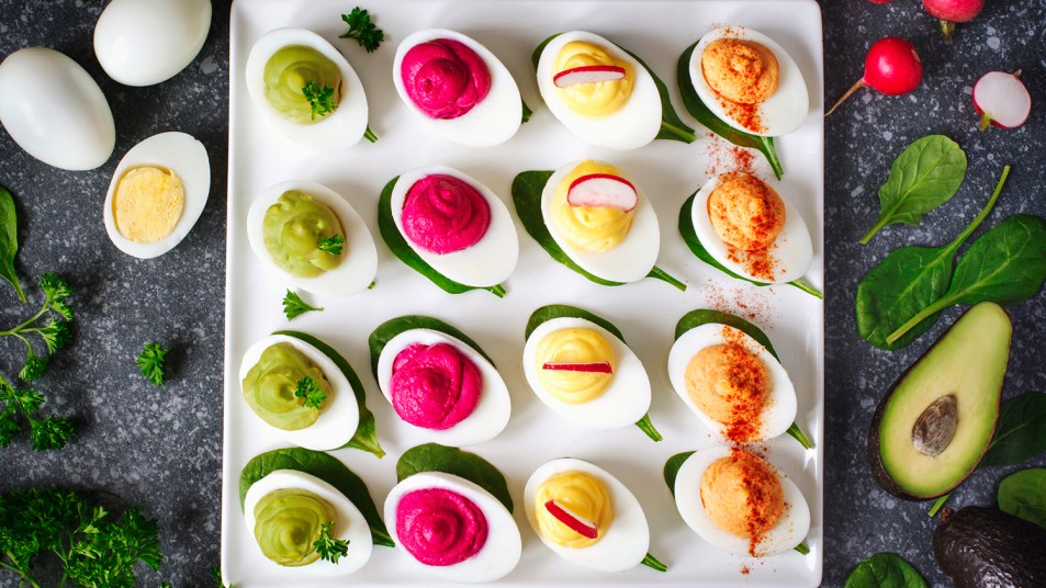 plate of colorful deviled eggs