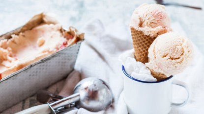 homemade ice cream in a pan with cones