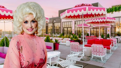 Dolly Parton inset background of White Limozeen rooftop bar patio