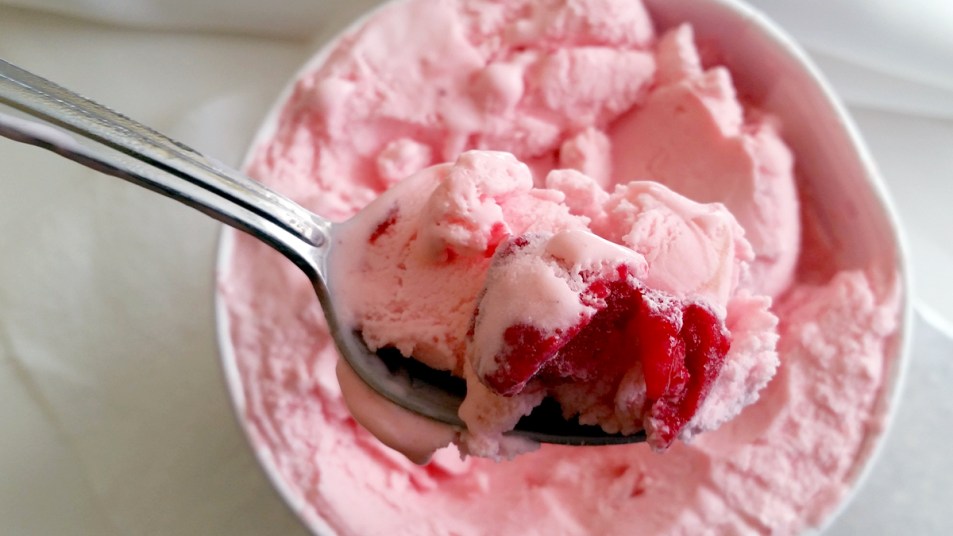Carton of pink strawberry ice cream