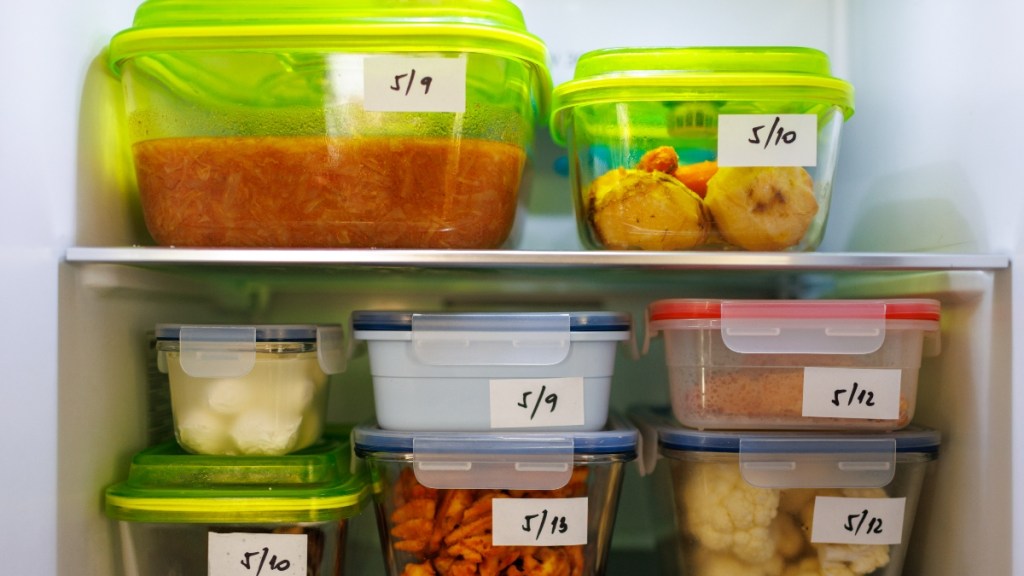 Labeled leftovers containers organize a fridge