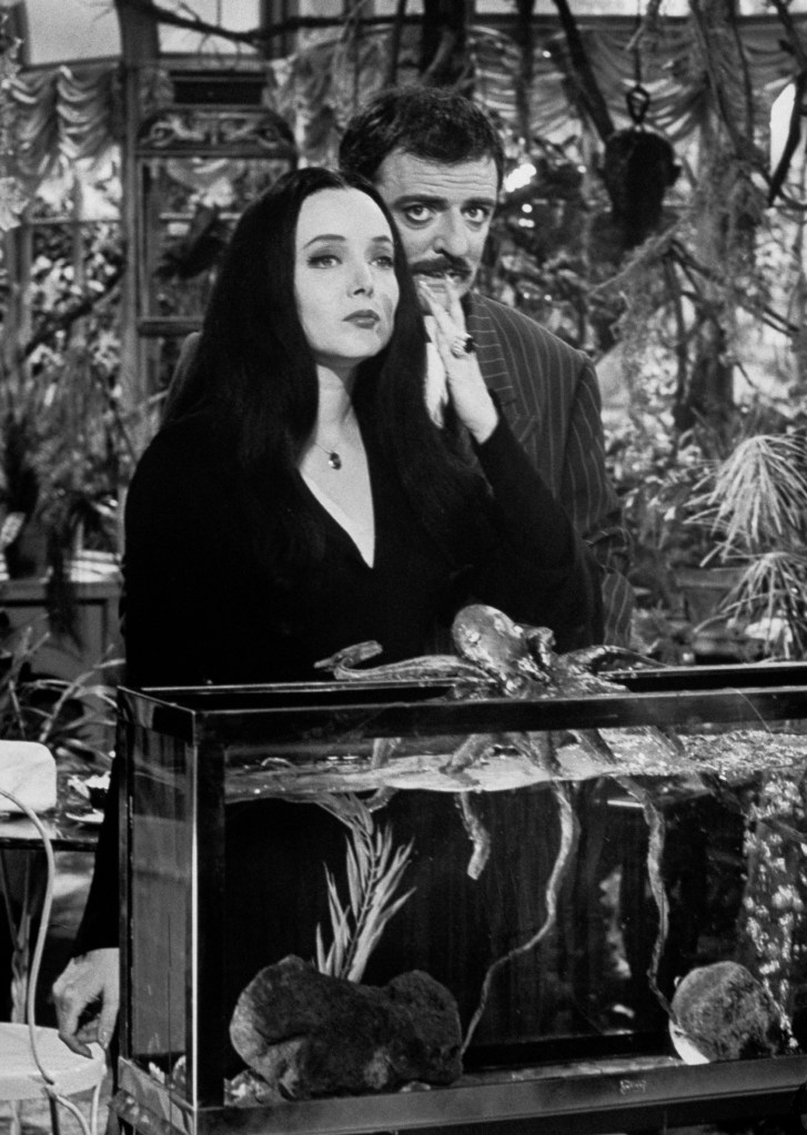 Carolyn Jones and John Astin, during scene from program The Addams Family