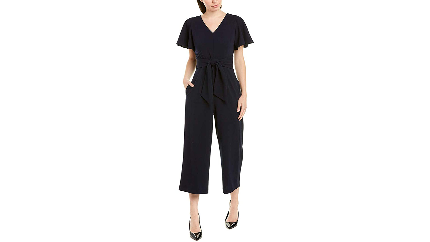 navy jumpsuit with flutter sleeves