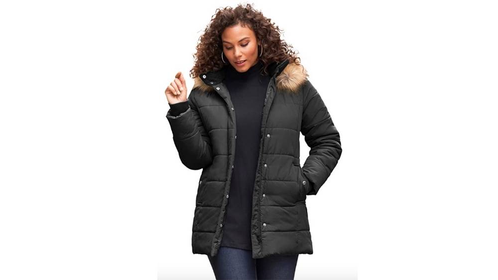 Roamans Womens Plus Size Mid-Length Quilted Parka with Hood 