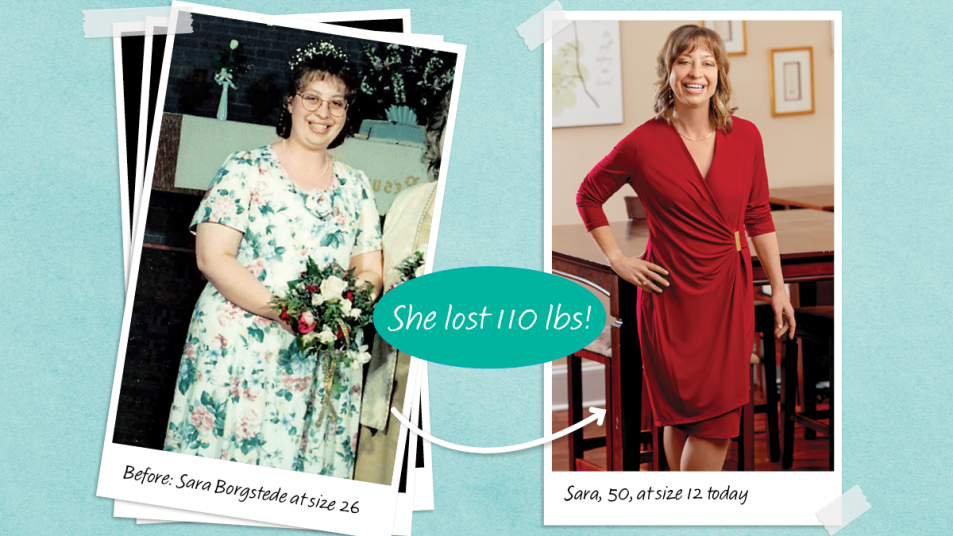 Before and after images of Sara Borgstede who used Weight Watchers zero point foods to help drop 110 lbs