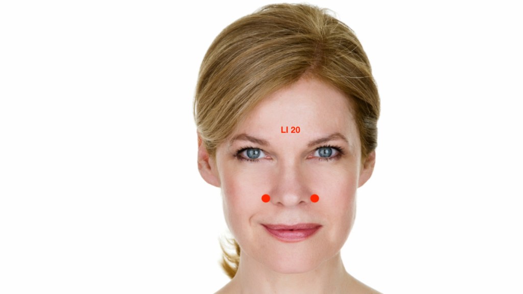 A woman with an illustration of LI 20 sinus pressure relief points