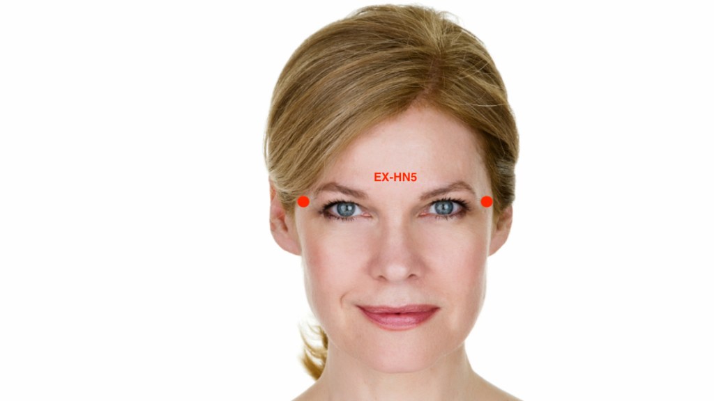 A woman with an illustration of EX-HN5 sinus pressure relief points