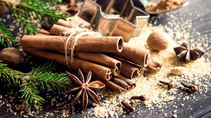 Holiday spices such as cinnamon and star anise next to pine branches