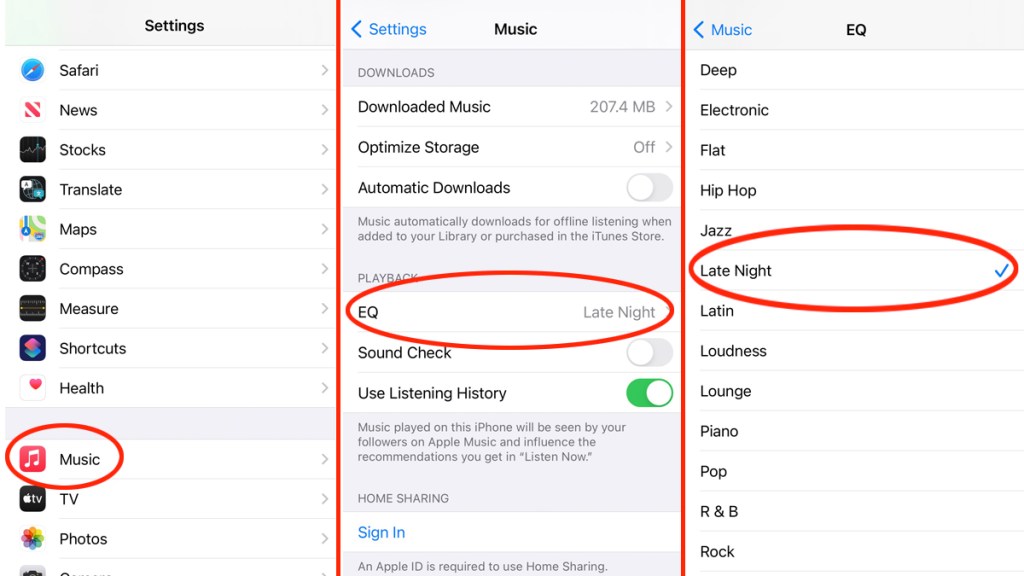 Photos of iPhone music settings
