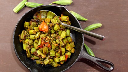 Skillet with cooked okra