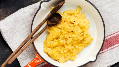 Skillet with scrambled eggs