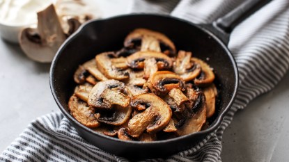 Skillet of cooked mushrooms