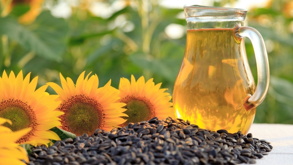 Sunflower seeds on a table next to sunflower oil and fresh sunflowers
