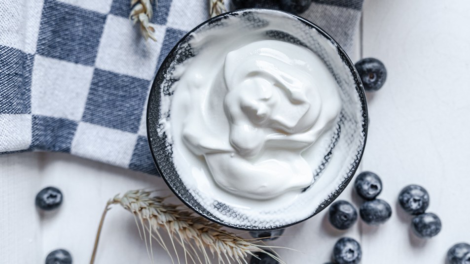 Plain yogurt in bowl (postbiotics story image)
