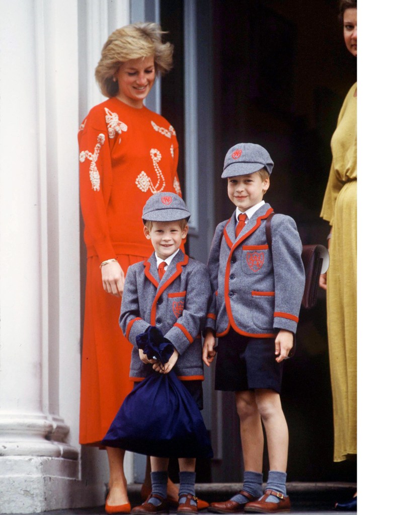 Princess Diana with young William and Harry on his first day of school