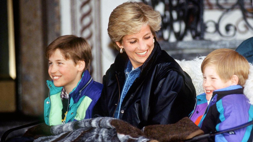 Princess Diana with young William and Harry in a sleigh